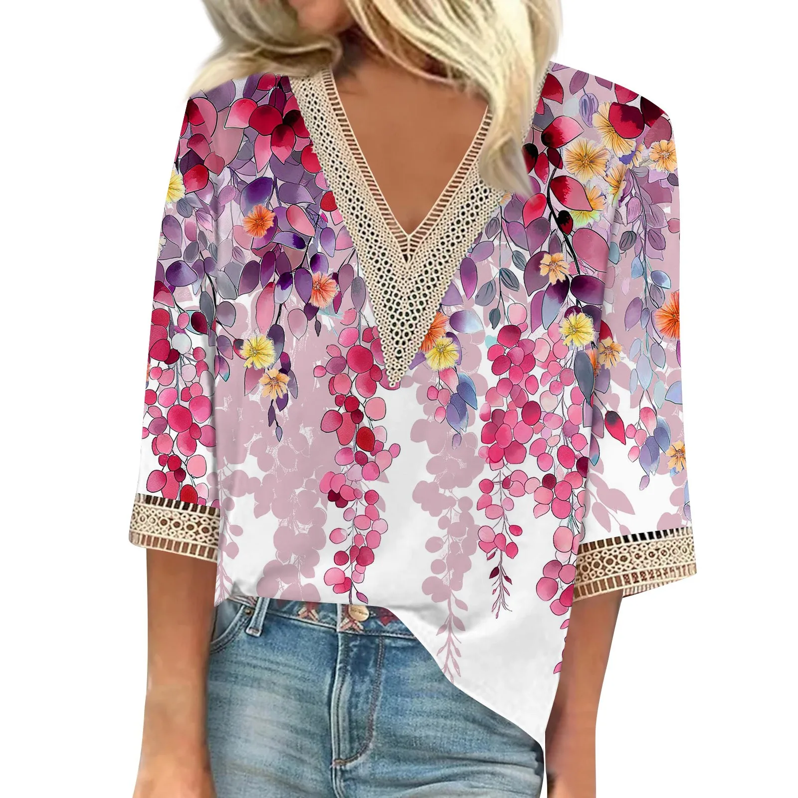 

Women'S Blouse Delicate Casual Print Women Blouses Luxury V-Neck Summer 3/4 Sleeves Women Pullover Cotton Camisas E Blusas