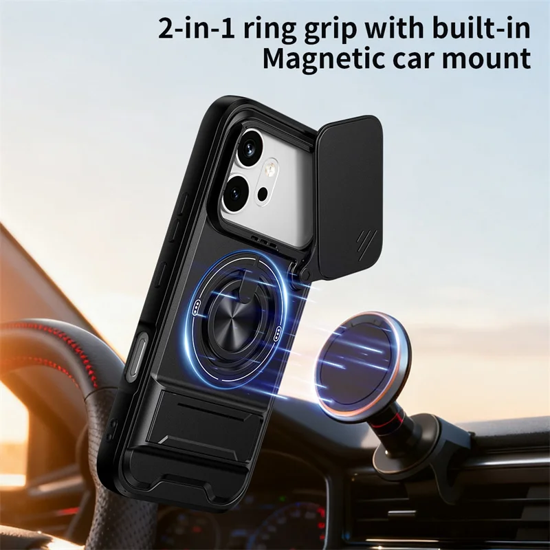 Armor Slide Camera Protection Case with Ring Kickstand and Car Magnetic Holder