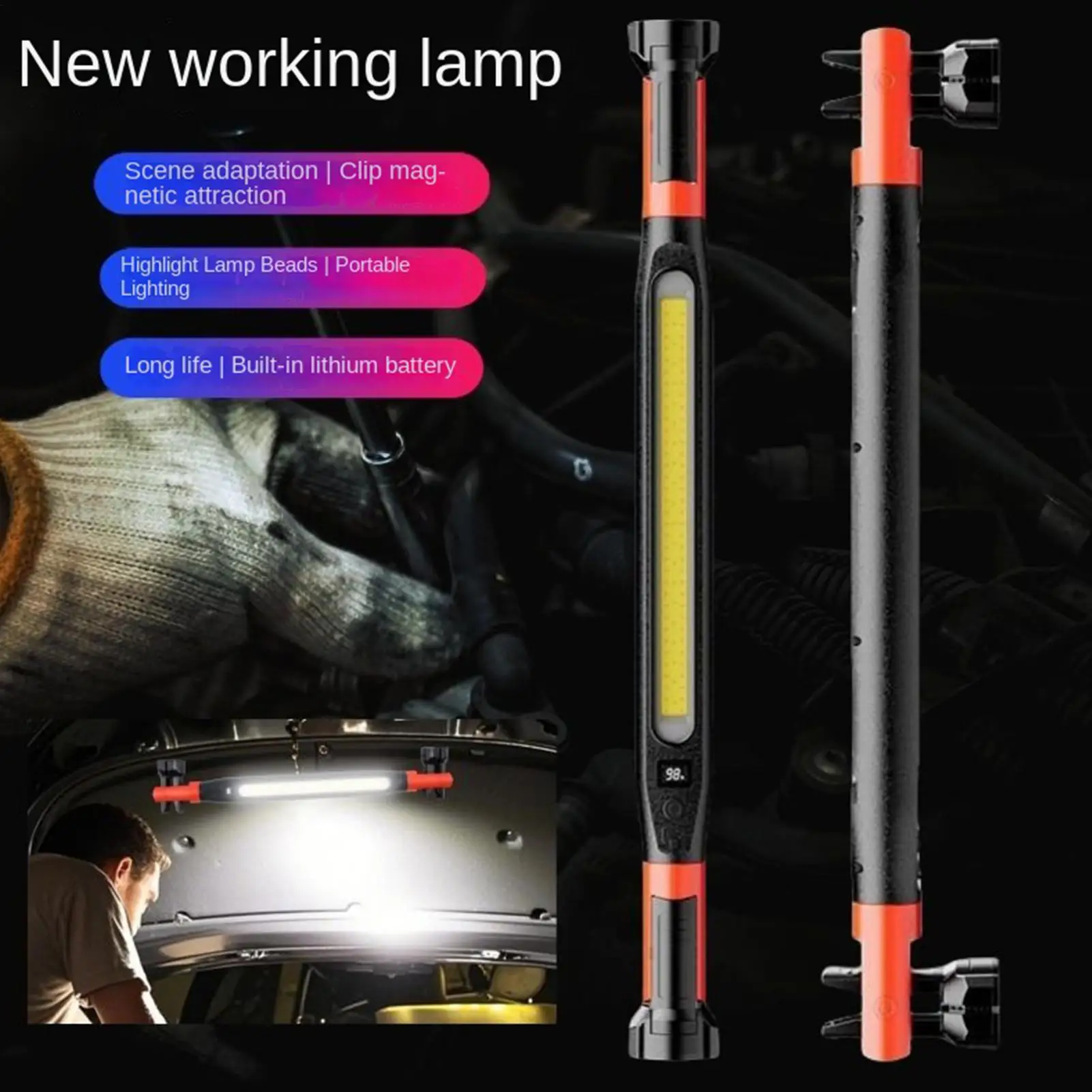 Rechargeable 4-Mode Magnetic Work Light with Hooks for Hands-Free Use in Car Repair and Workshops
