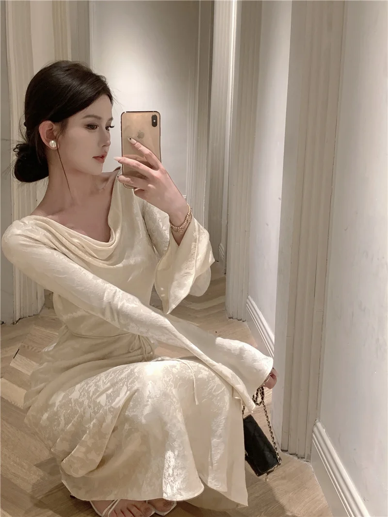 Autumn Bodycon Wedding Evening Dresses for Women Flare Sleeve Swinging Collar French Vintage Prom Robe Midi Vestidos Mujer New