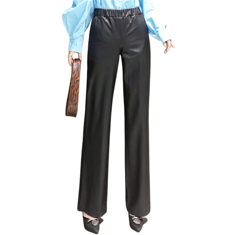 Leather Pants for Female, First Layer Cowhide Pants, Loose Pendant Feeling, Wide Leg Pants, Elastic Waist, Leisure