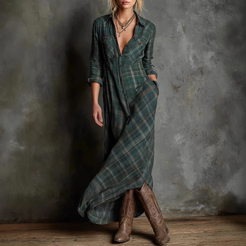 Retro Plaid Print Button Lapel Shirt Long Dresses Woman Spring Sexy High Waist Pocket Party Dress Long Sleeve Loose Autumn Dress