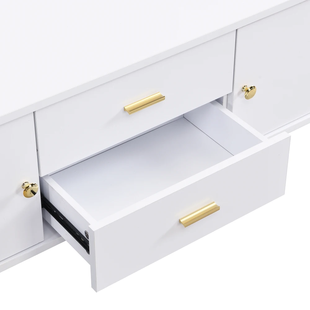TV-Schrank mit Schubladen, gewellte Seiten, goldene Griffe und Beine für Wohnzimmer, gebogene Ecken, 170 cm Länge – Detail 16