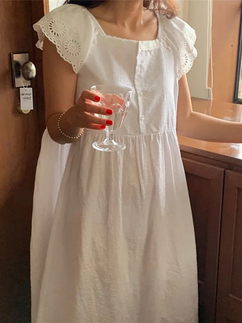 

Корейская Милая Ночная рубашка для отдыха, летняя Милая хлопковая кружевная ночная рубашка с коротким рукавом для девочек, одежда для сна в викторианском стиле принцессы, домашняя одежда