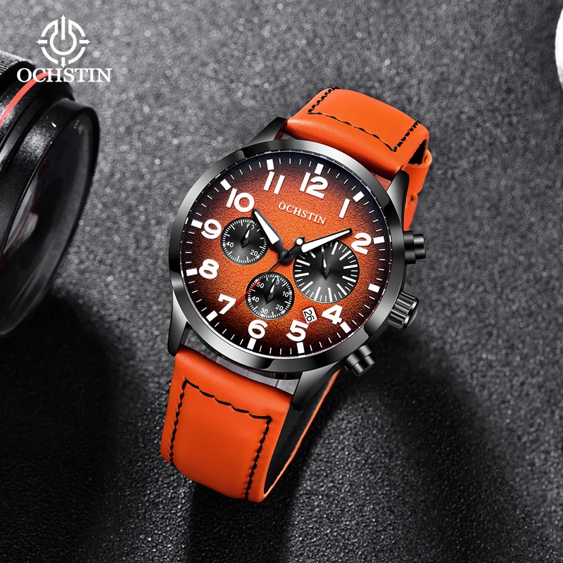 OCHSTIN Chronograph Watch Quartz Analog Clock Men Leather Strap Fashion Sport Wristwatch Stop Watch Auto Date 42mm Free Shipping