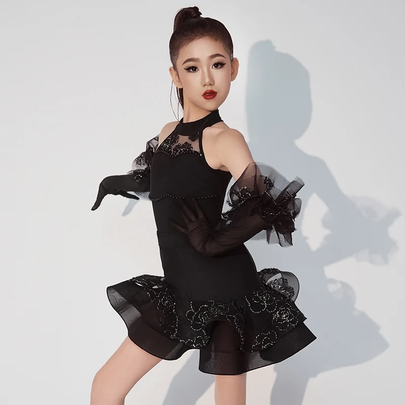 

Chlidren'S National Standard Ballroom Dance Performance Clothes Girls Black Latin Dance Dress Kids Practice Costume SL10112