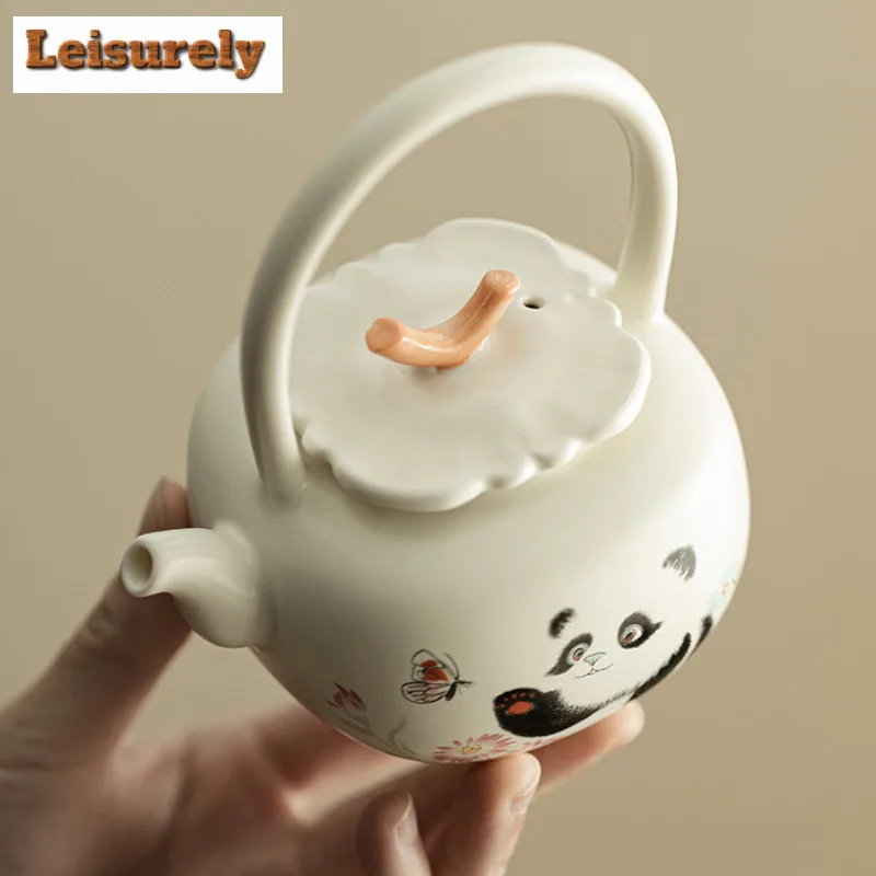 176ML Cream Ding Kiln Panda Play Butterfly Lifting Beam Teapot Handmade Tea Infuser Pot Tea Making Kettle With Filter Ornaments