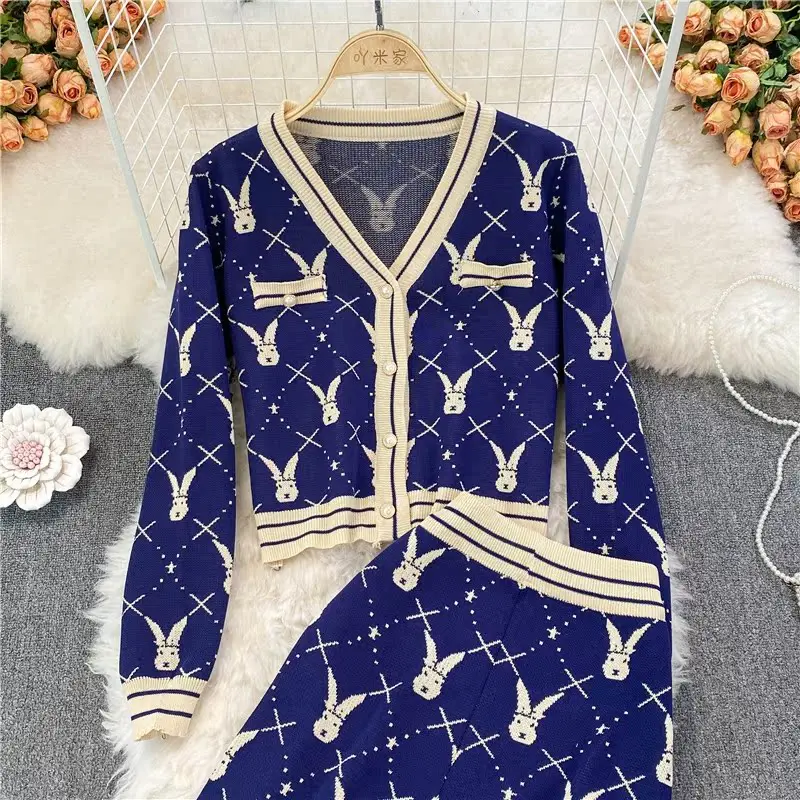 2024 Spring Autumn Knited Two Piece Set Women Clothing Sets Casual Long Sleeve Sweater Cardigan + Wide Leg Long Pants Suits