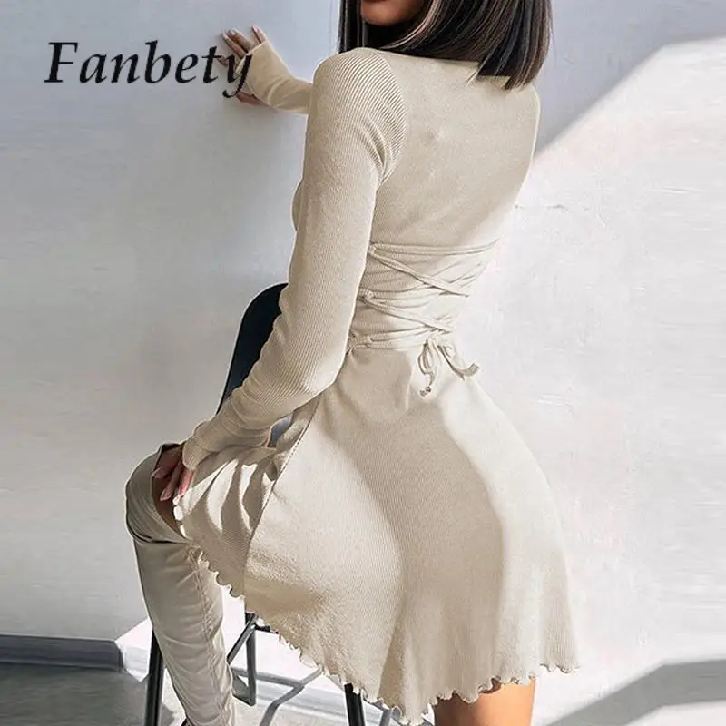 

Spring Autumn O-Neck Slim Women Short Dresses Trend Back-Bandage Ribbed A-line Dress Fashion Ruffle Edge Long Sleeve Mini Dress