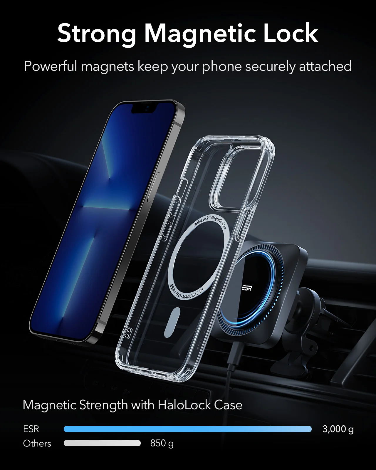 ESR Magnetic Wireless Car Charging Set with CryoBoost (HaloLock),  Compatible with MagSafe Car Charger, for iPhone 15/14/13/12 Series with 36W  QC 3.0