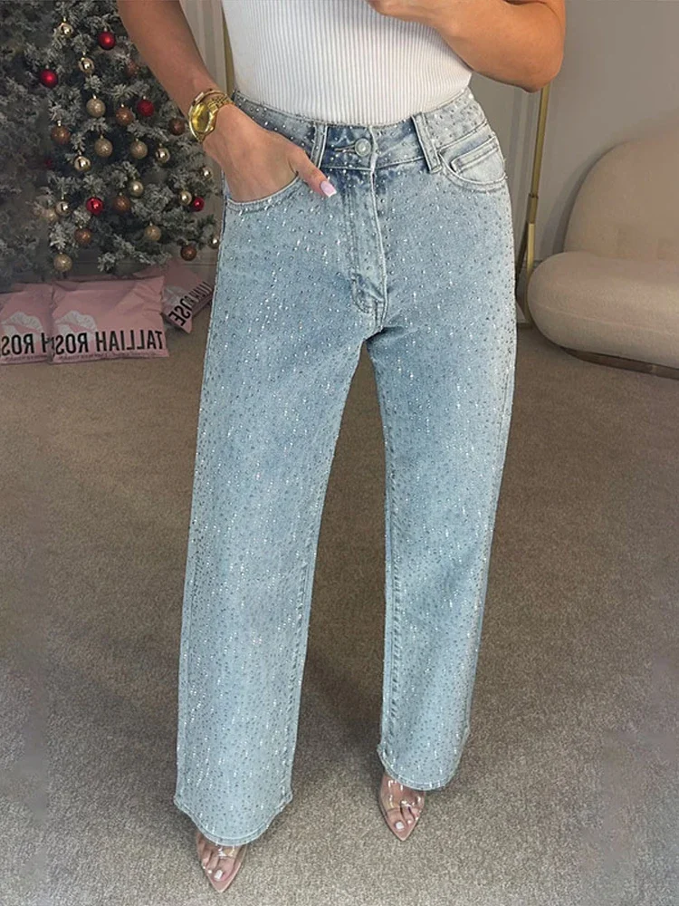 Y2k Women Shiny Rhinestone Denim Pants Wide Leg Straight Full Diamond Jeans for Female Dragging High Street Outwear Trousers 5