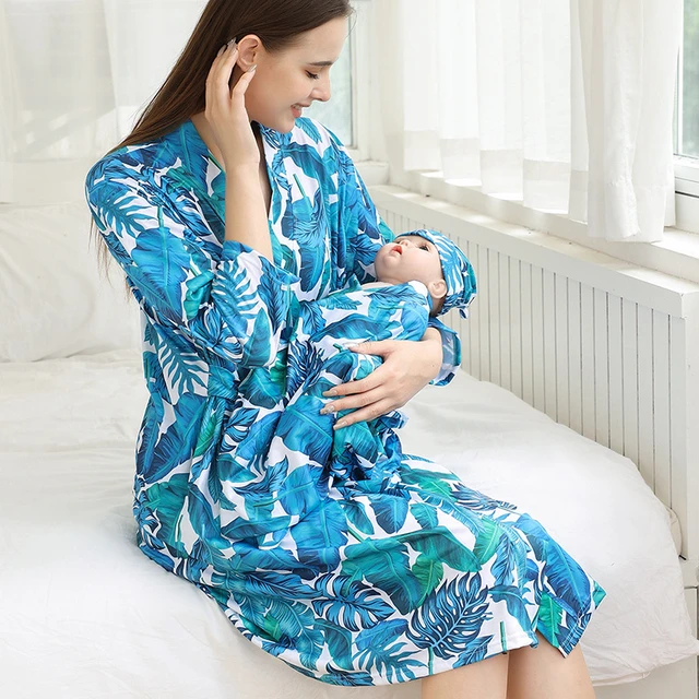 4pcs/Set Maternity Robes＋Baby Swaddling＋Hairband＋Hat 2022 New Long Sleeves  Women's Pajamas Nursing Childbirth Pregnancy Clothes