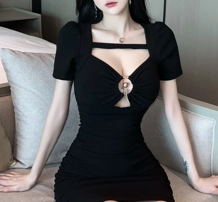 Sexy Weiche Mädchen Koreanischen Stil Kleid Sommer Neue frauen V-ausschnitt Kurzarm Zeigen Brust Aushöhlen Einfarbig Eng Anliegende – Detail 10