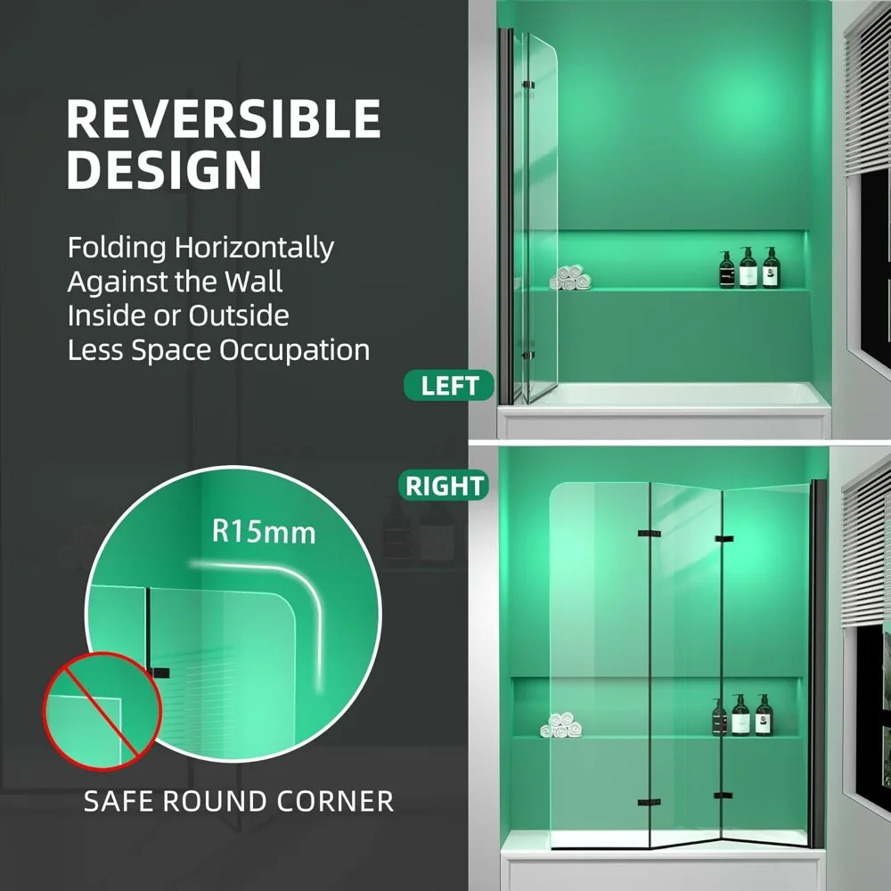 Tub Shower Door Semi-Frameless Foldable Hinged Bathtub Glass Door Screen for Shower with Tempered Coating Glass Panel Matte 5