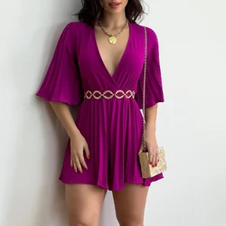Sexy Deep V-neck Rompers For Women Fashion Pleated Slim Fit Culottes Playsuits Elegant Ladies Short Sleeve Jumpsuit 2023 Summer