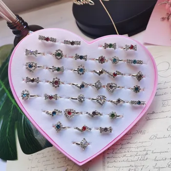 12Pcs Fancy Adjustable Rhinestone Rings Princess Party Favors Kids Girls Pearl Flower Ring Accessories Gift Without Box 1