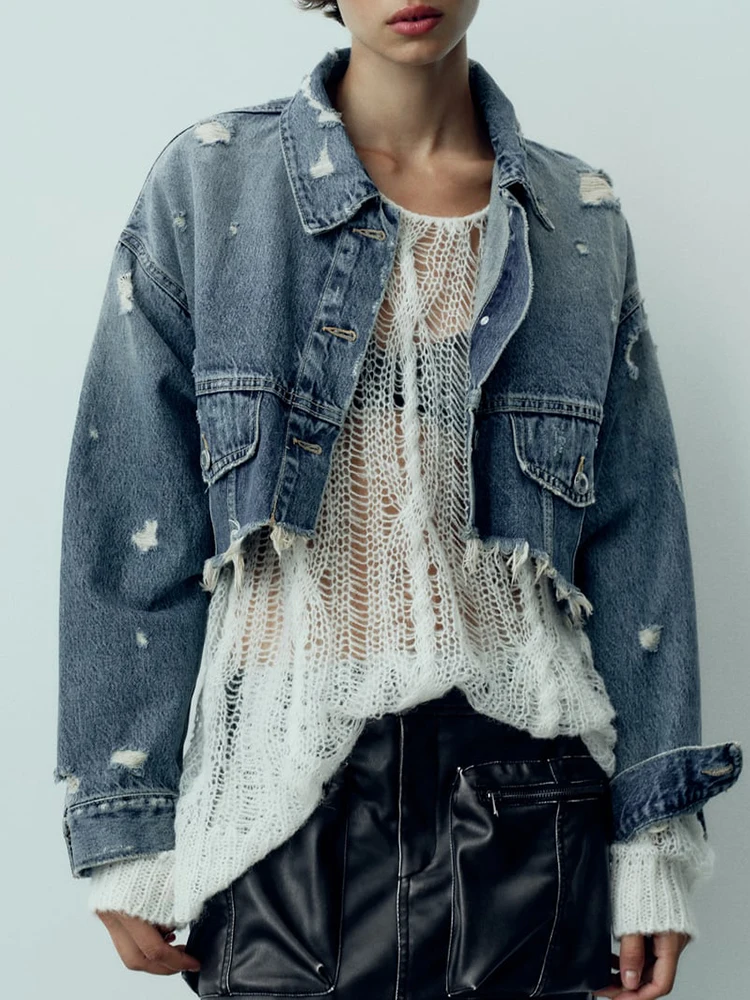 

Vintage Frayed Women's Denim Jacket 2023 Autumn Turn Down Collar Long Sleeve Button-up Woman Cropped Coat Streetwear Y2k Top New