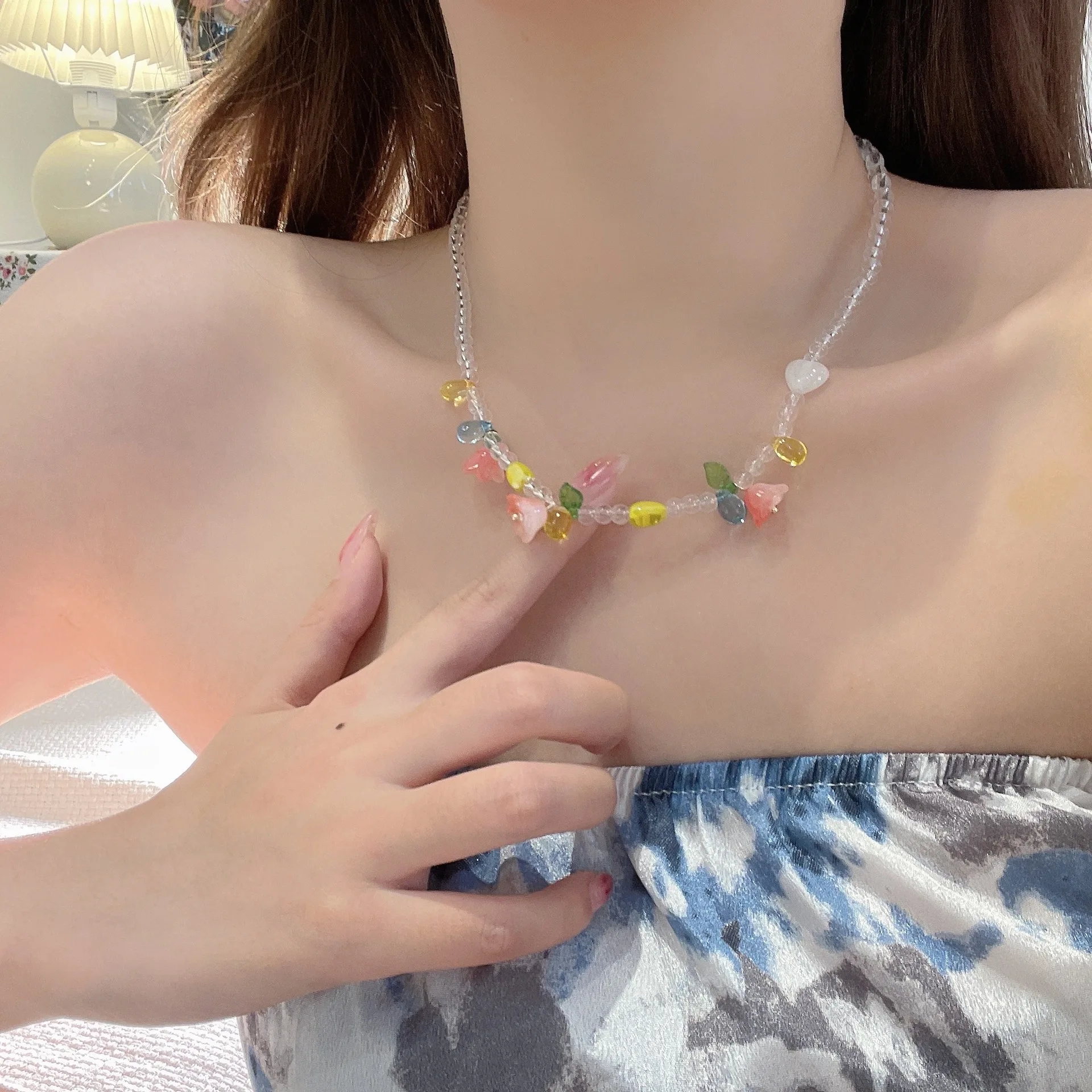 

Colored Crystal Glass Beaded Necklace INS Style Pink Women's Necklace Y2K Style Girl Friendship Kpop Gift Party