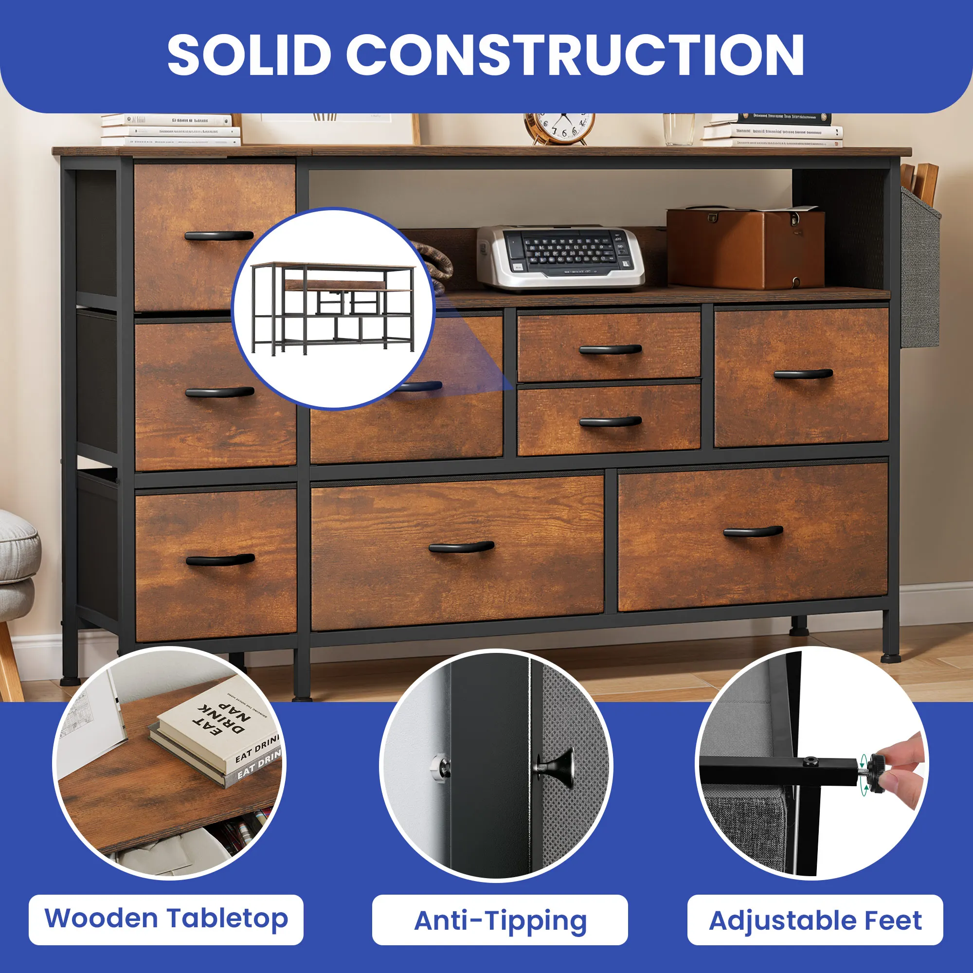 TV Stand Dresser Storage 9 Drawer Power Outlet Side Pockets Hooks