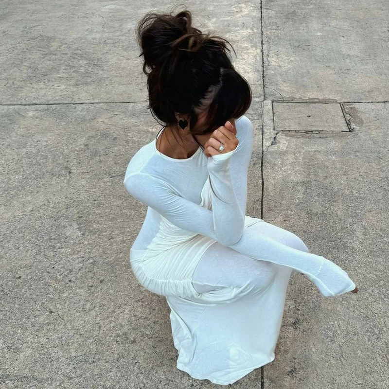 Fashion Mesh Patchwork Maxi Dress Women's Pleated Skinny High Waist Slim See-Through Solid Party Dress Female Long Dress