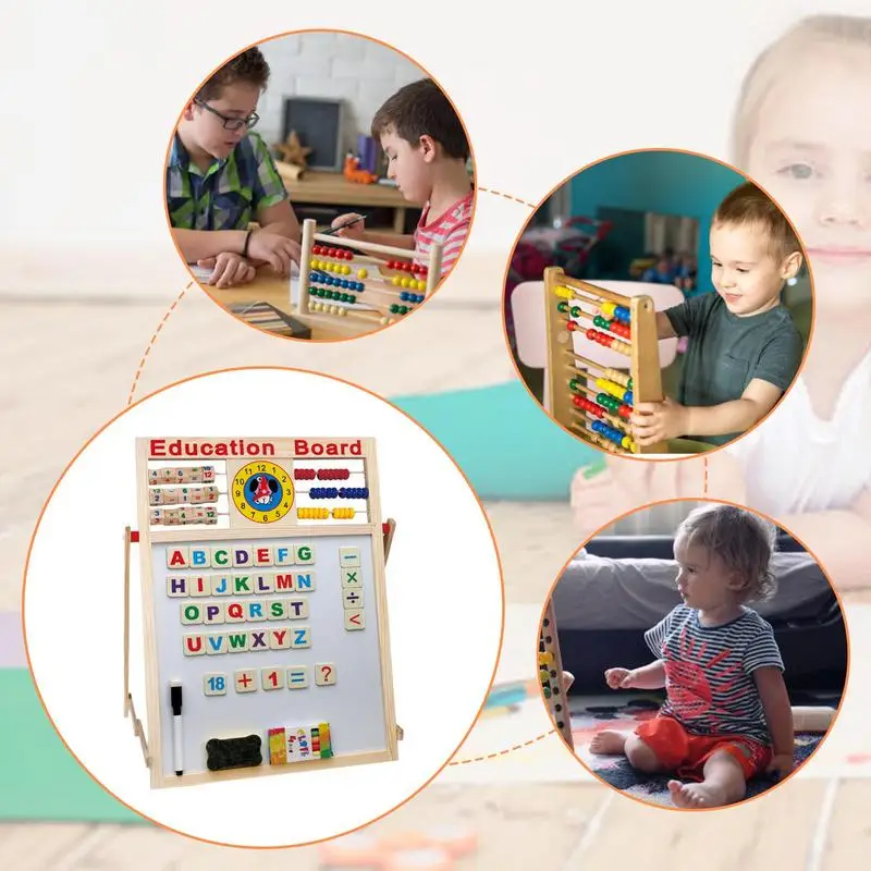 Wooden Kids Easel Drawing Board Double-Sided Toddler Drawing Chalkboard Magnetic Dry Erase Board With Abacus Bracket Type Wooden