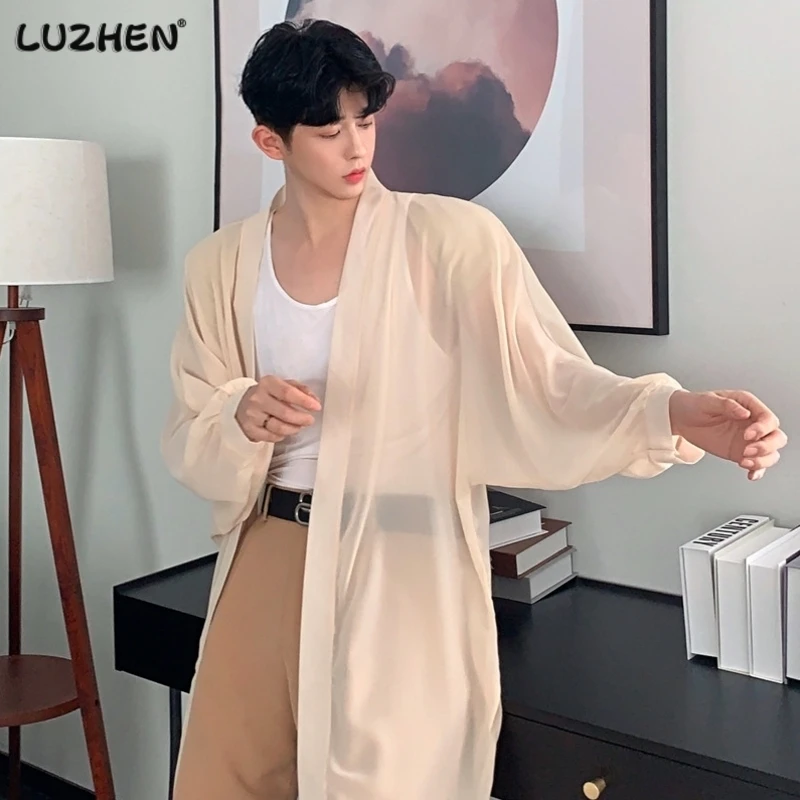 

LUZHEN Breathable Translucent Long Sleeve Men Shirt Casual Elegant 2023 New Korean Fashion Temperament Tops Solid Color A7b6ae