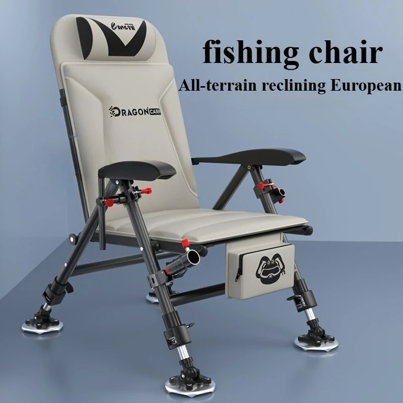 Chaise pêche pliante relax inclinable avec appui-tête et pieds télescopiques pour camping pique-nique