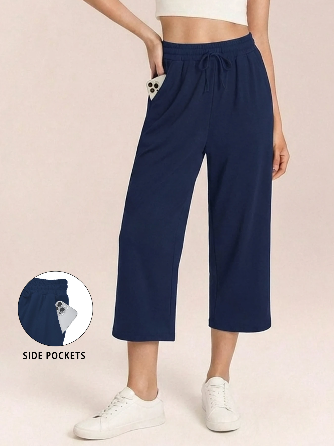 Damen Capri Yoga-Hose, locker geschnitten, weich, mit Kordelzug, Trainingshose, lässige Loungehose mit Taschen – Detail 8