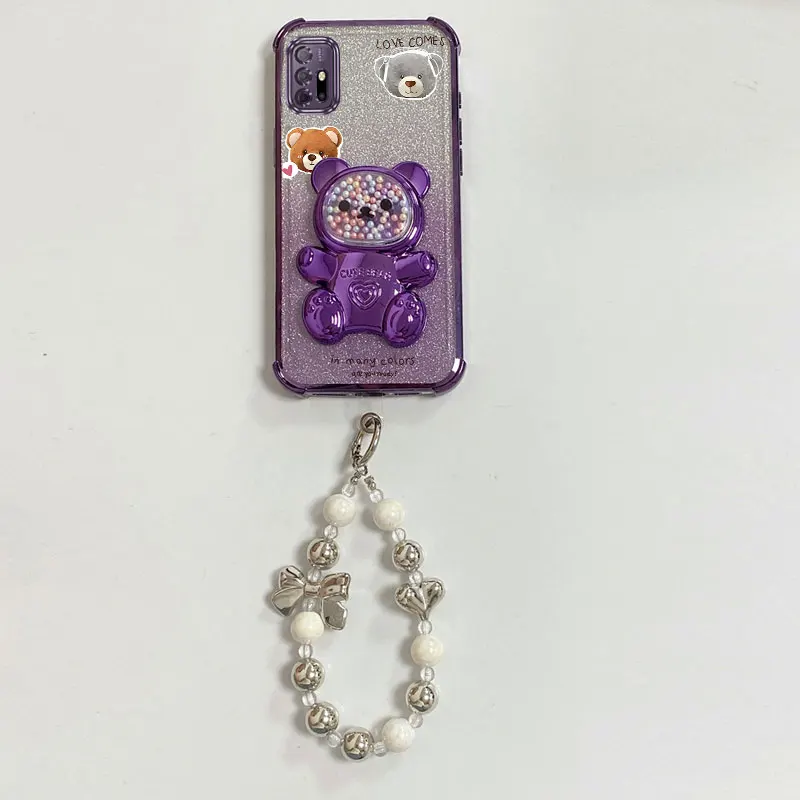 Pearl Strap Glitter Care Bear Phone Holder Case with Stand Cover