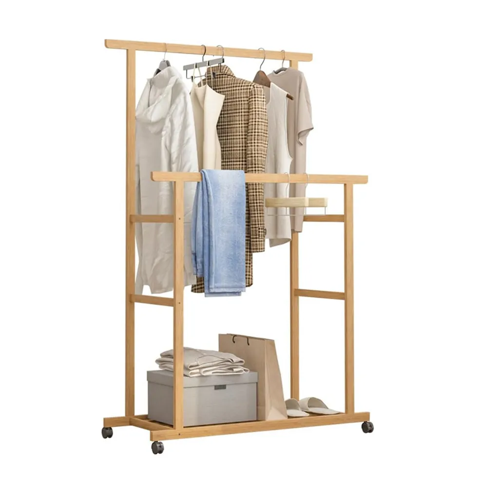 Rolling Clothes Hanging Rack with Double-Rod Wooden Garment Stand with Wheels - 1