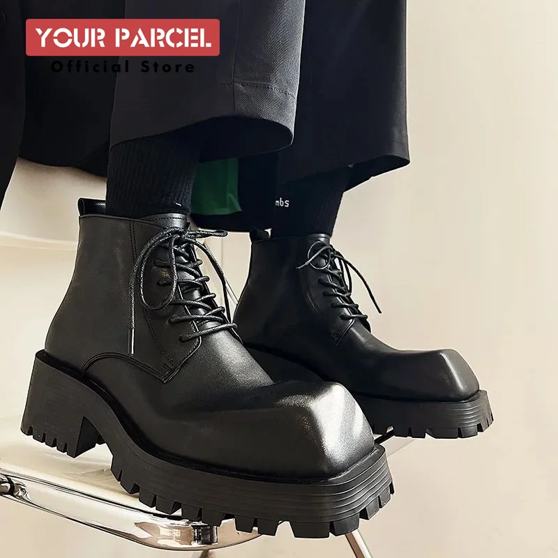 Original New Elevated High Top Leather Shoes for Men's Square Head Korean Classic Casual niche Design with Thick Sole Derby Shor