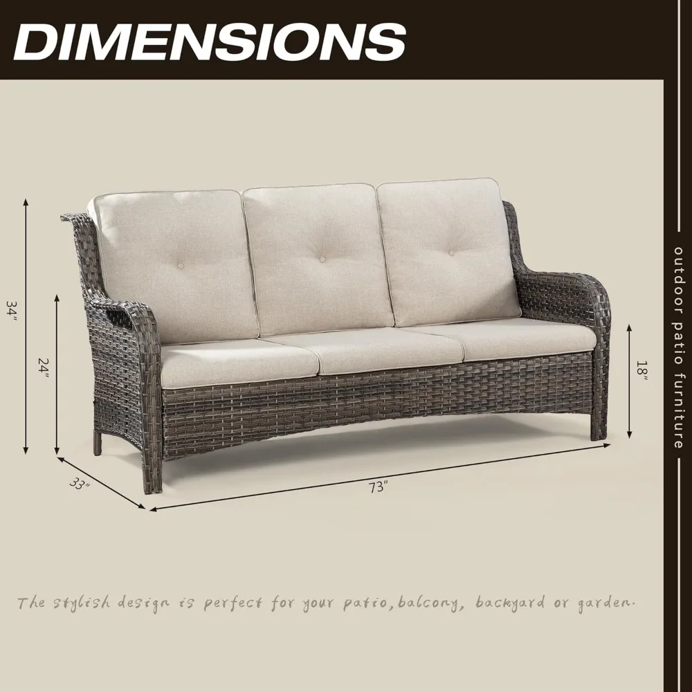 Outdoor Patio Couch Wicker Sofa - 3 Seater Rattan Sofa for Outside Patio Garden with Deep Seating and Olefin Cushions(Mi 3