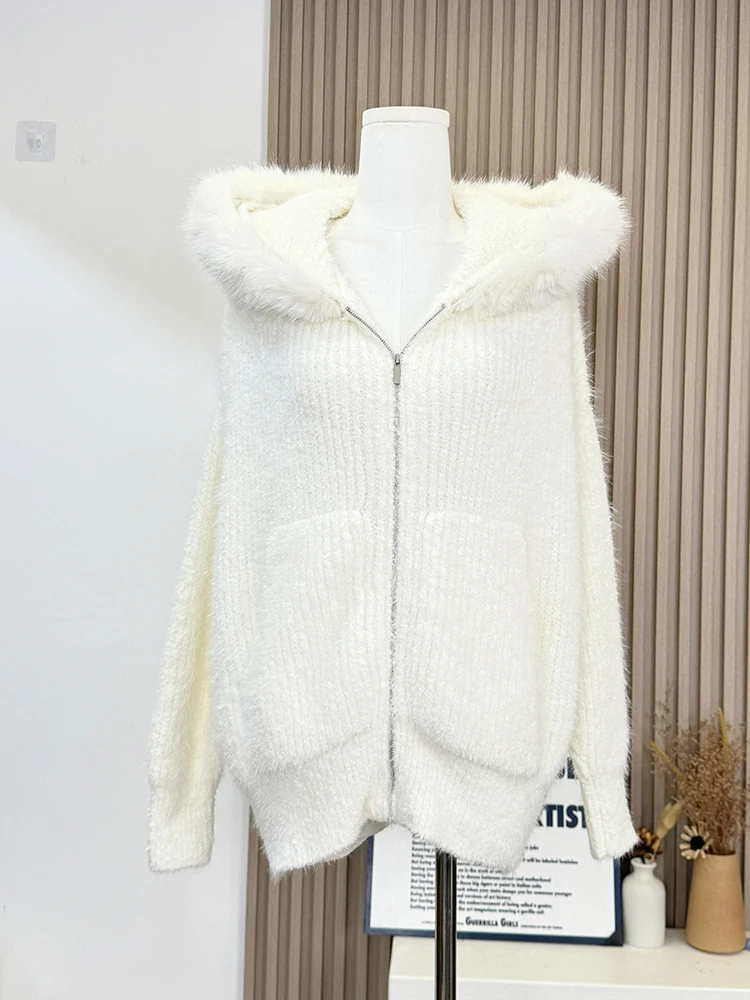 Winter Women Knitwear Full Zip Hoodie Cardigan Fluffy Long Sleeve