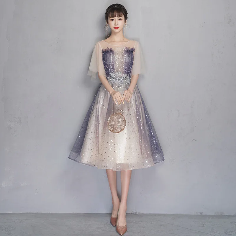 

Formal Evening Dress For Women 2022 New Starry Sky Elegant Bridesmaid Chorus Banquet Female Short Skirt