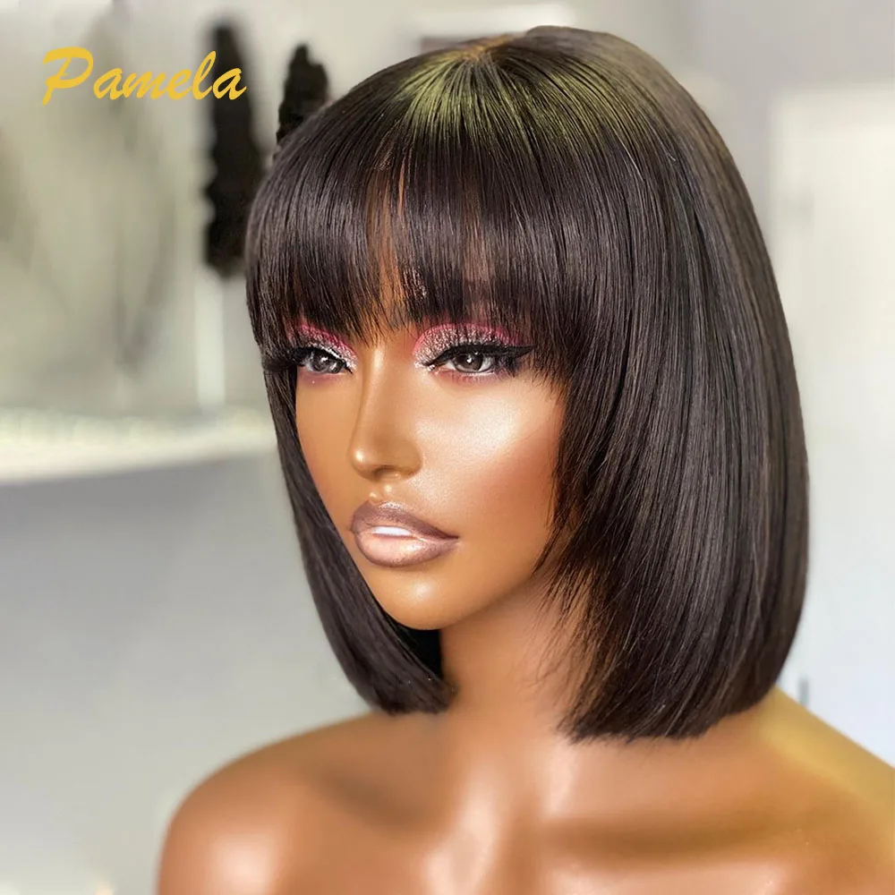 

13x4 Burgundy Pixie Cut Short Bob With Bangs Brazilian Natural Straight Bob With Bangs Lace Frontal Human Hair Wigs For Women