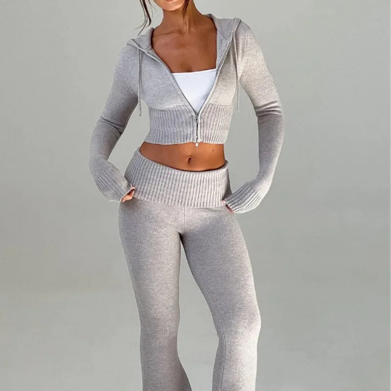 Autumn Ribbed  Knitted Two Piece Set Women Tracksuit Long Sleeve Zipper Hoodies Pants Sets Casual Solid Sweatshirt Suits