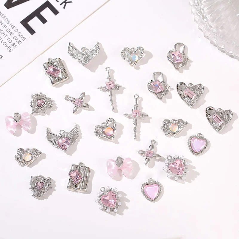 Charms DIY versilberte Legierung glänzende Anhänger rosa Perlen Material Halskette Armband Schmuck Zubehör für Kinder Mädchen – Detail 13