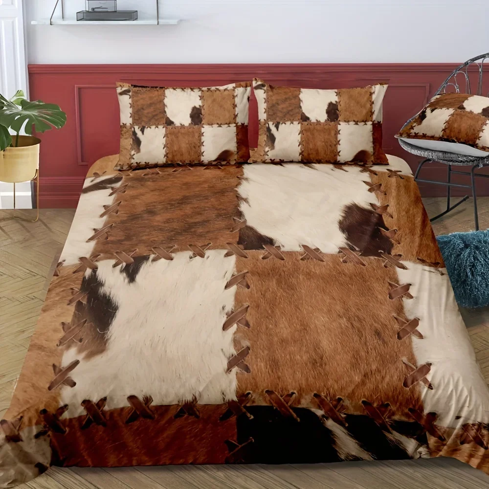 Fur Pattern Stitching Print Rustic Cowhide Style Bedding Set Soft Comfortable Duvet Cover For Bedroom Guest Room