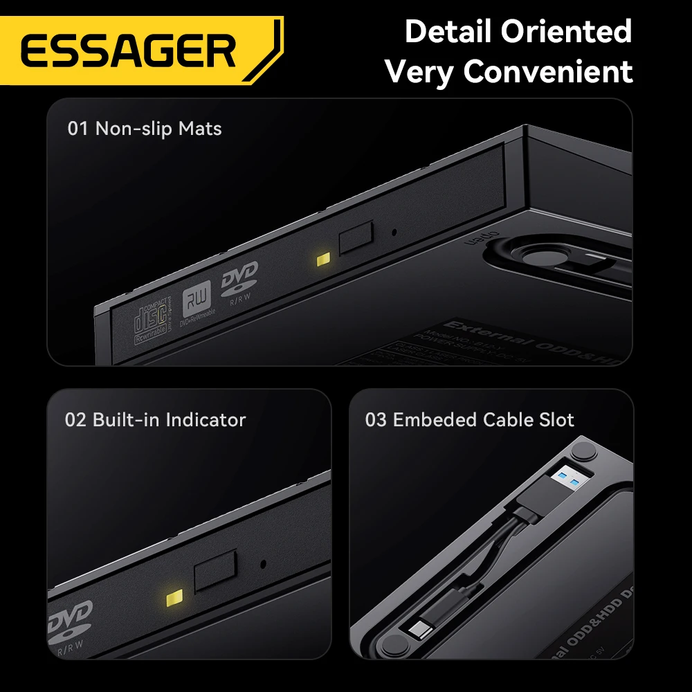 Essager 2 in 1 External CD/DVD Burner Optical Drive USB-A/Type-C DVD RW CD Writer Reader Player Portable Recorder For Laptop PC