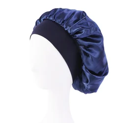 Women's Satin Wide - Brimmed Sleep Bonnet with Elastic Band (Navy Blue)