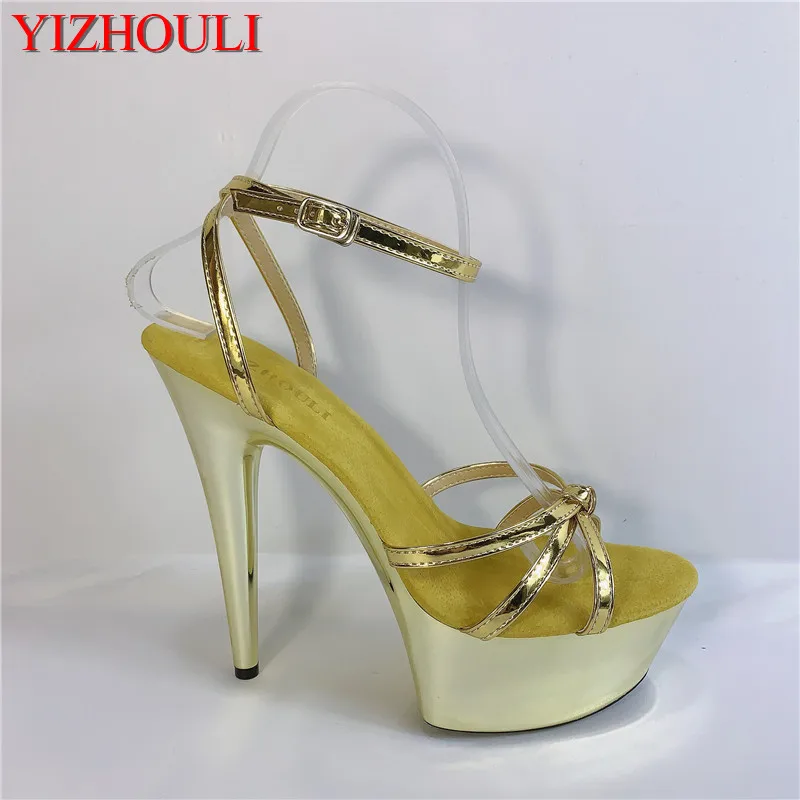 

Sexy hollow out electroplated sandals, 15cm high heels, 6in cross-strap aqua gold dance shoes