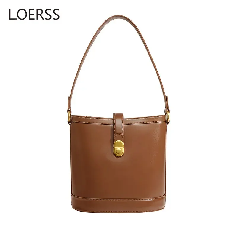

LOERSS Cow Leather Vintage Bucket Bag for Women's Commuting Fashion Shoulder Bag Casual Crossbody Bag Female Niche Handbag