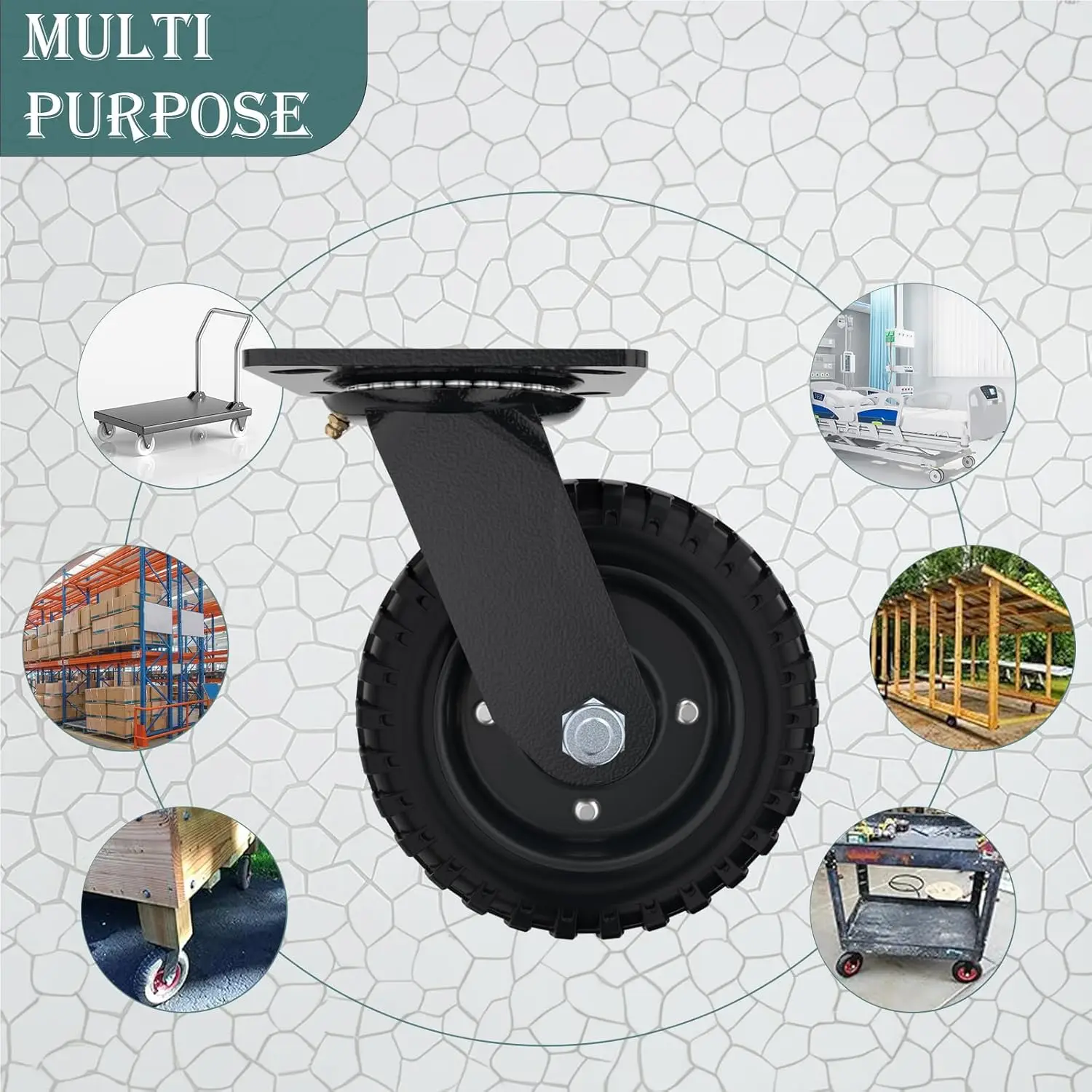 Swivel Heavy Duty Caster Wheel, 6 Inch*2, 800lb Capacity, Black Rim, Solid Rubber, Cast Iron,Outdoor, Flat Free for Carts, Dolly 5