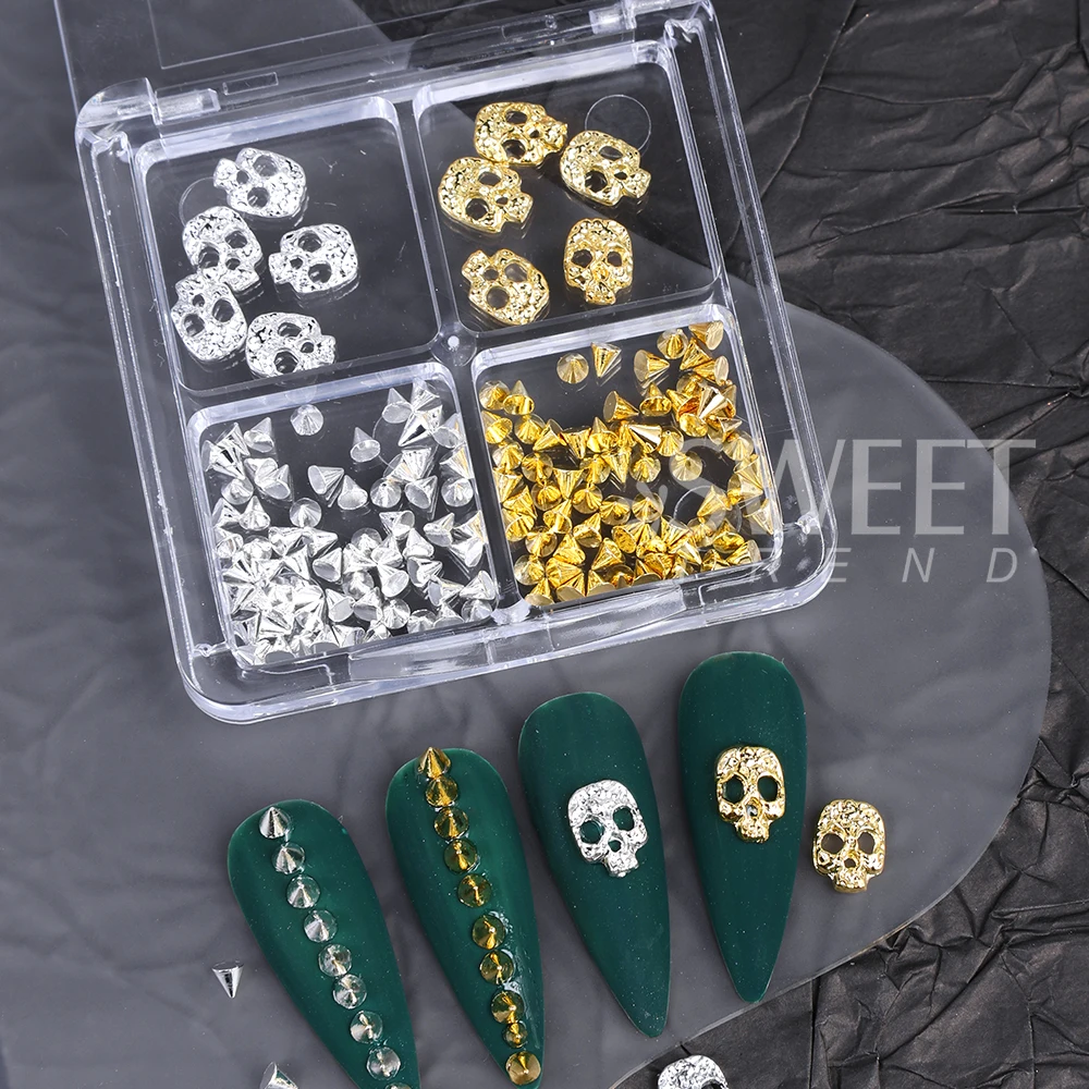 1/3 Boxes Punk Alloy Skull Nail Art Charms Parts Pearl Steel Beads Nail Art Decoration for Halloween Manicure DIY Nails Supplies