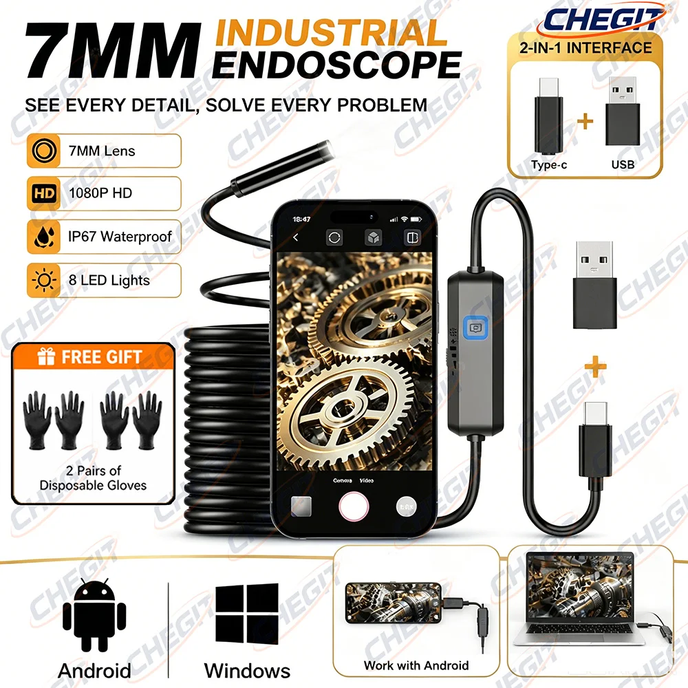 USB Piping Automotive Sewer Inspection Endoscope Camera TypeC For Android Endoscopic Camera Smartphone 1080p 7MM lens Tools 1