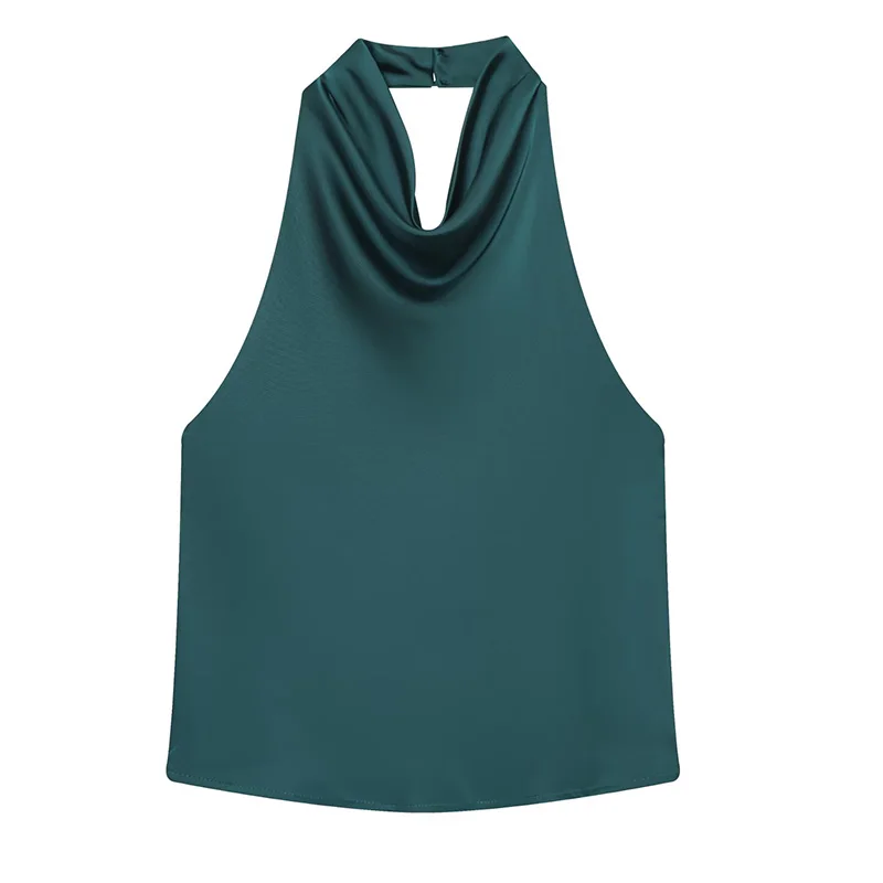 HXAO Braun Neckholder Top Frauen Sommer Crop Tops Für Frau Ärmelloses Satin Schwarz Top Leibchen Backless Weiß Top Party Sexy Tops – Detail 33