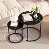 Coffee Table Nesting Black Set of 2 Side - Black Frame and Round Black Marble Wood Table, Industrial End Table Side . 1