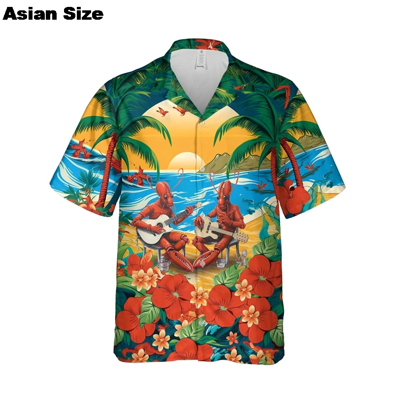 Funny Steamed Lobster Graphic Shirts For Men Clothes Summer Hawaiian Beach Shirt Delicious Seafood Button Down Shirt Man