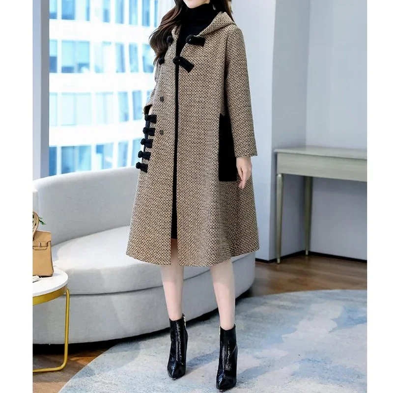 Open Front Long Jacket Hoodies Autumn Stylish Women Hooded Wool Coat Casual Solid Long Sleeve Woolen Cardigan Thin Trench Coats