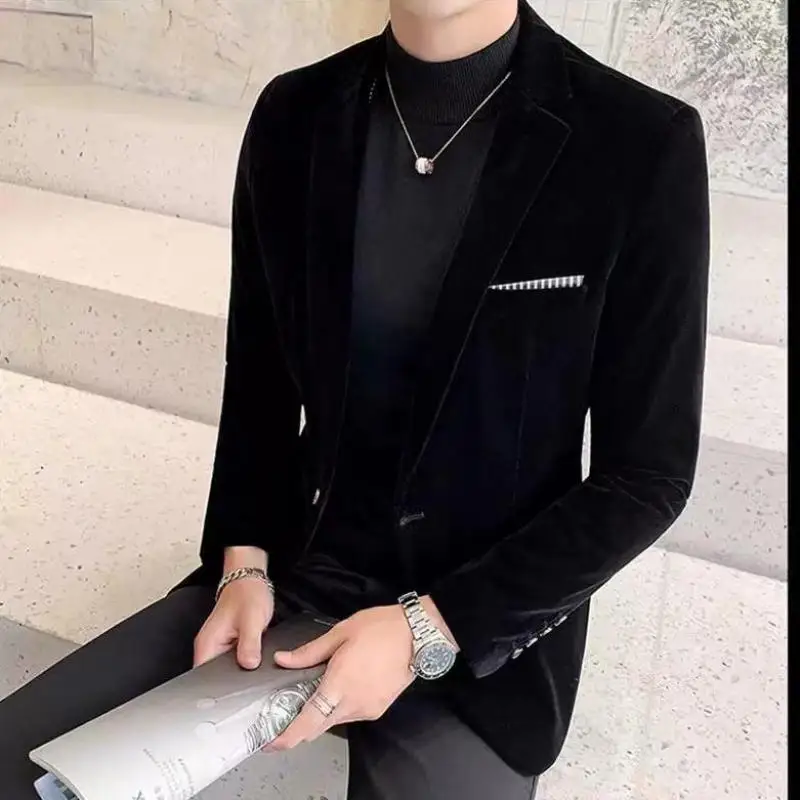 M-4XL Plus Size Men's Blazer Slim Fit Single Breasted Black Blue Red Velvet Formal Wedding Groom Tuxedos For Male